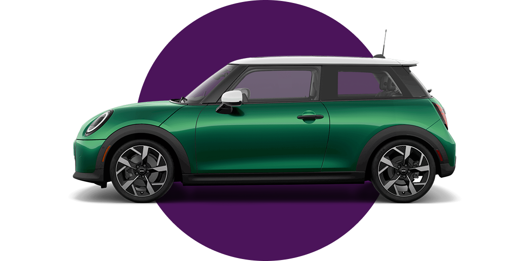 Side view of a MINI Cooper 2 Door in the British Racing Green body color, facing left with its shadow underneath it.