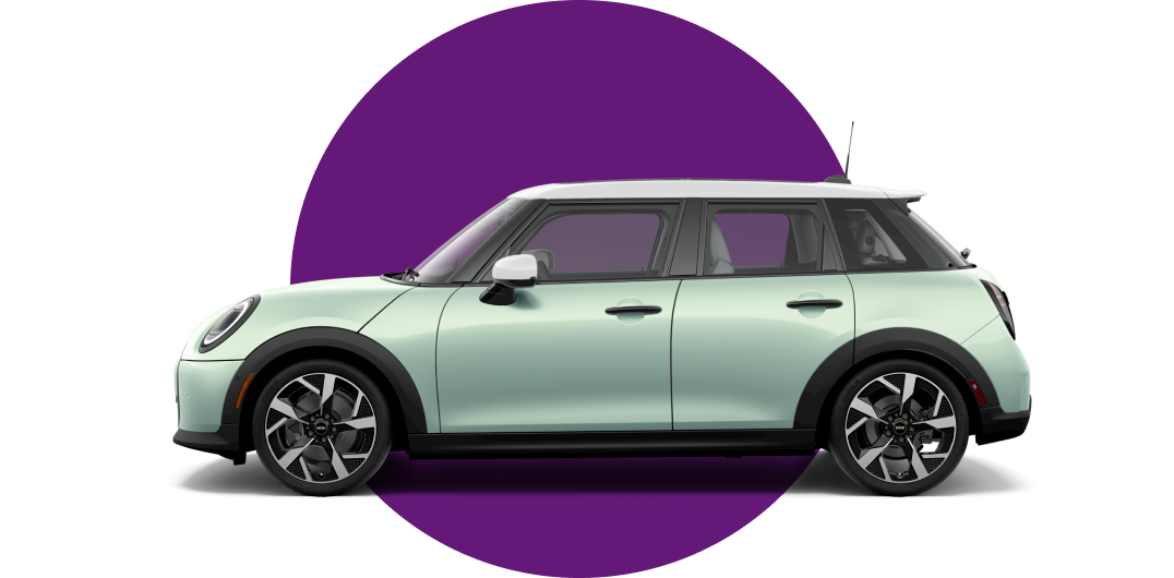 Side view of a MINI Cooper 4 Door in the Ocean Wave Green body color, facing left with its shadow underneath it.