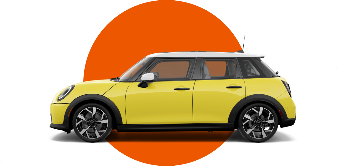 : Side view of a MINI Cooper 4 Door in the Sunny Side Yellow body color, facing left with its shadow underneath it.