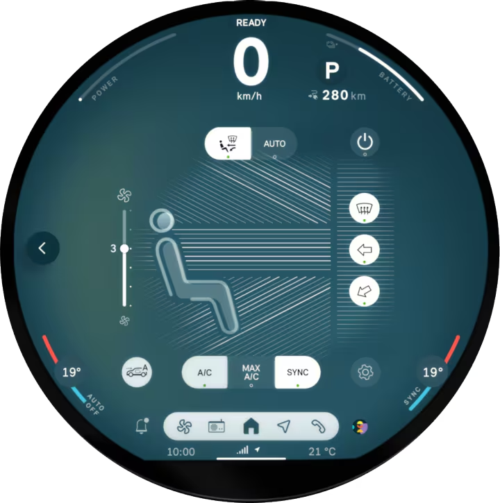 A close-up of the 9.4” circular OLED display screen.