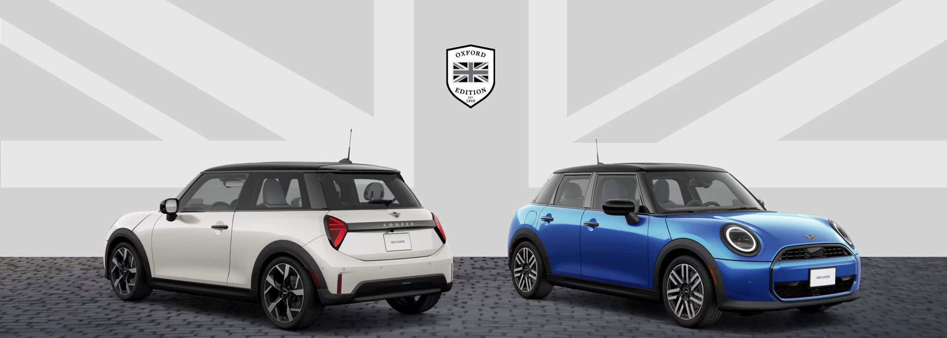 Rear side view of the MINI Cooper 2 Door Oxford Edition | Front side view of the MINI Cooper 4 Door Oxford Edition.