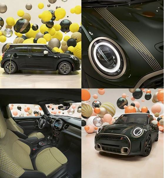 Four images of a MINI Resolute Edition in a CGI world filled with floating, multi-color and multi-texture balls, including a closeup of the bonnet stripes, and an interior side view of the passenger and driver seats.