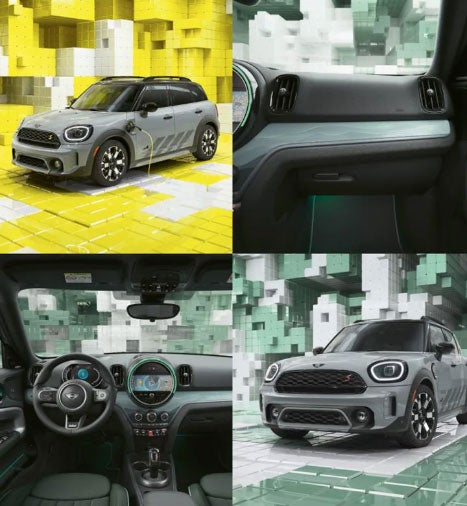 Four images of the MINI Countryman Untamed Edition in a CGI world made up of 3D, Tetris-like boxes, including the car charging its batteries, a closeup of the passenger-side illuminated untamed interior surfaces, and an interior view of the dashboard.